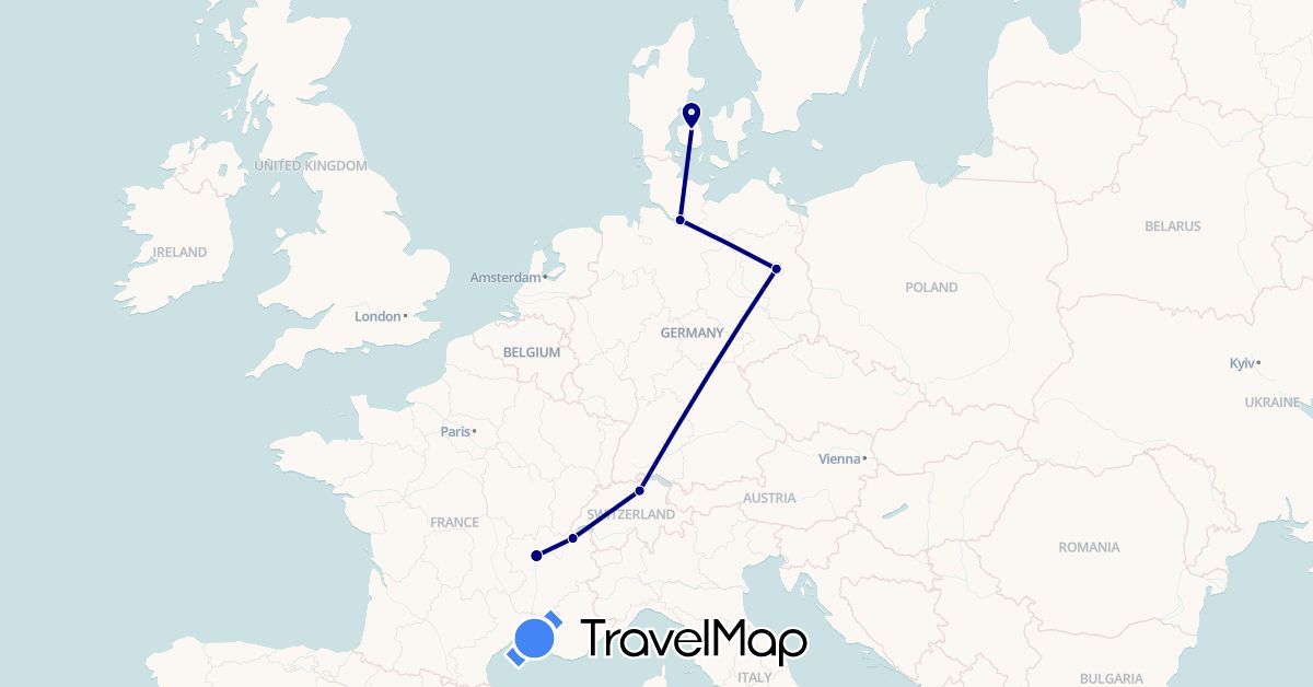 TravelMap itinerary: driving in Switzerland, Germany, Denmark, France (Europe)